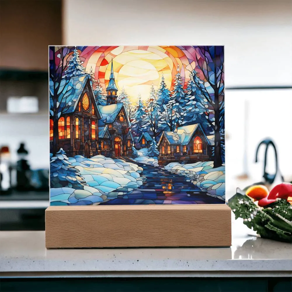 Stained Glass Style Christmas Village Square Acrylic Plaque, Christmas Themed Decor