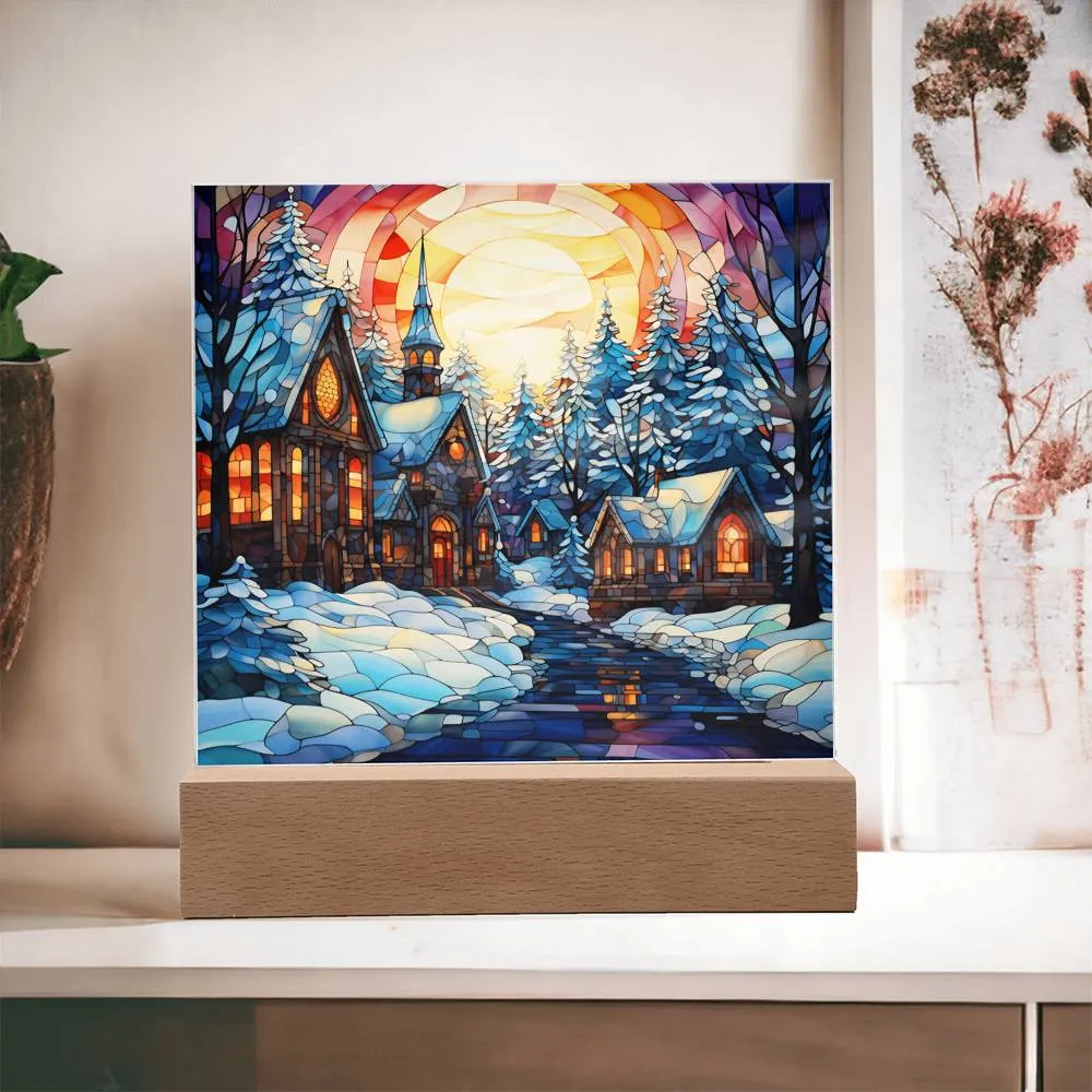Stained Glass Style Christmas Village Square Acrylic Plaque, Christmas Themed Decor