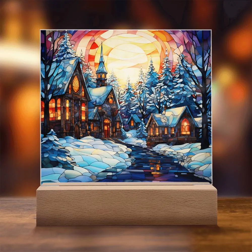 Stained Glass Style Christmas Village Square Acrylic Plaque, Christmas Themed Decor