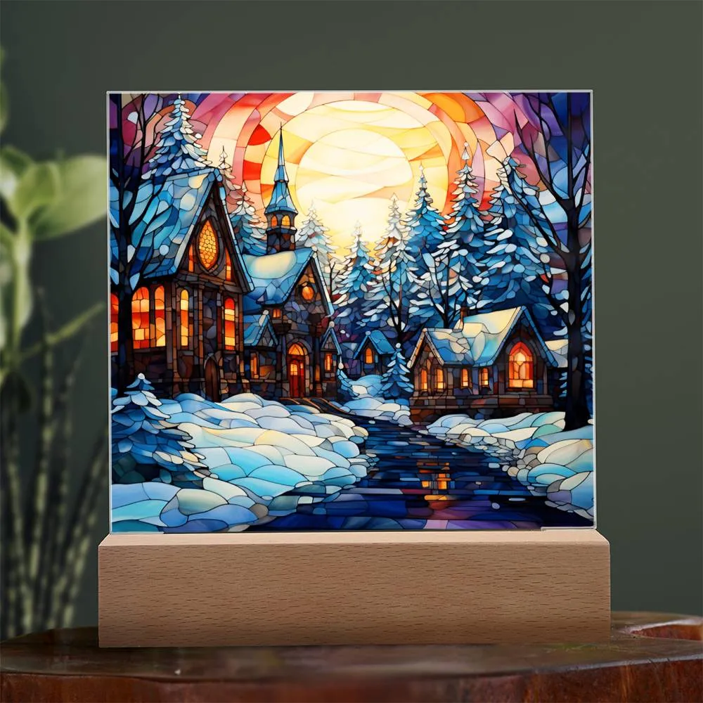 Stained Glass Style Christmas Village Square Acrylic Plaque, Christmas Themed Decor