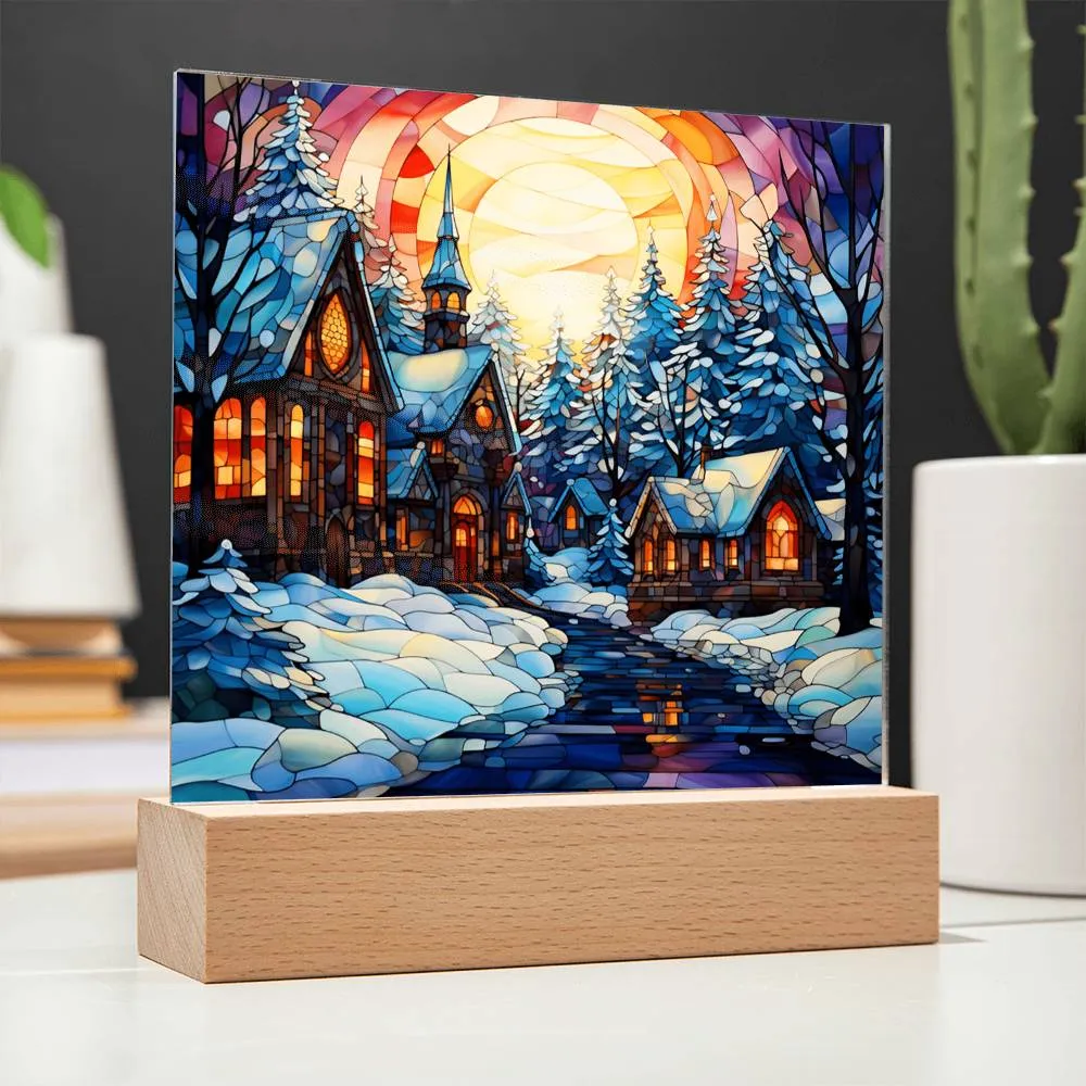 Stained Glass Style Christmas Village Square Acrylic Plaque, Christmas Themed Decor