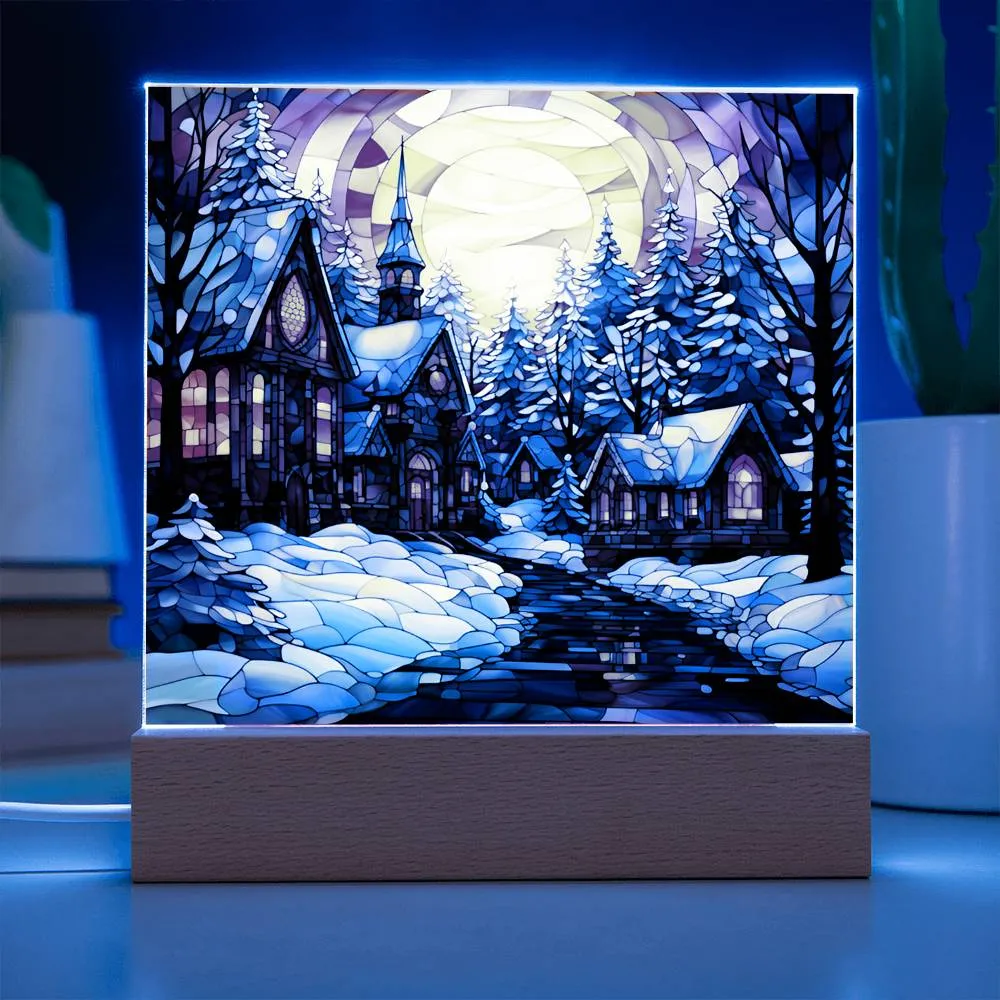 Stained Glass Style Christmas Village Square Acrylic Plaque, Christmas Themed Decor