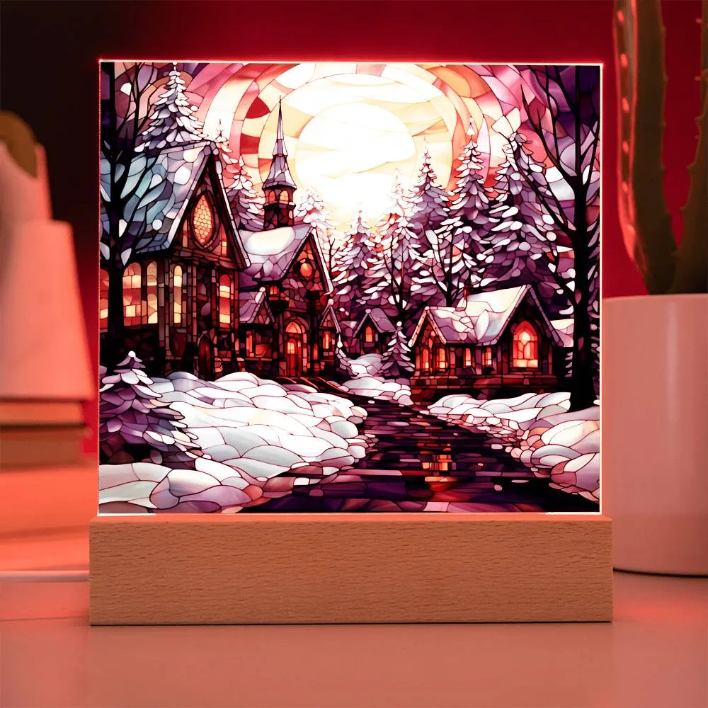 Stained Glass Style Christmas Village Square Acrylic Plaque, Christmas Themed Decor