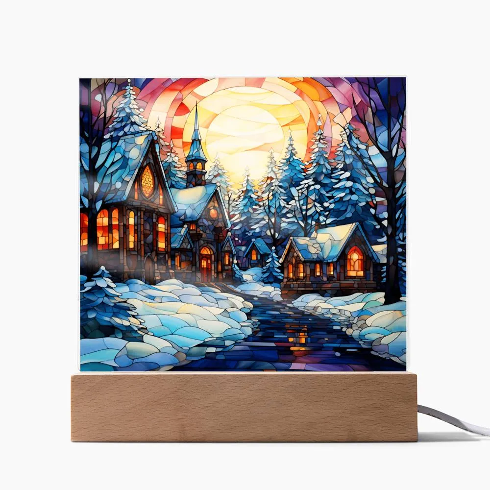 Stained Glass Style Christmas Village Square Acrylic Plaque, Christmas Themed Decor