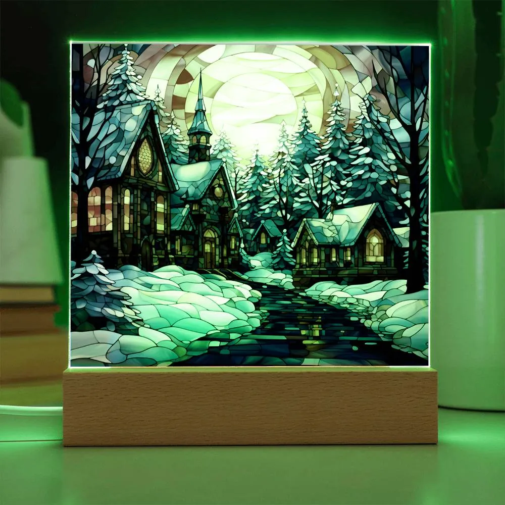 Stained Glass Style Christmas Village Square Acrylic Plaque, Christmas Themed Decor