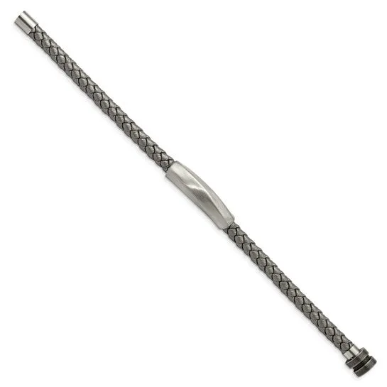 Stainless Steel Antiqued Gray Braided Leather Bracelet