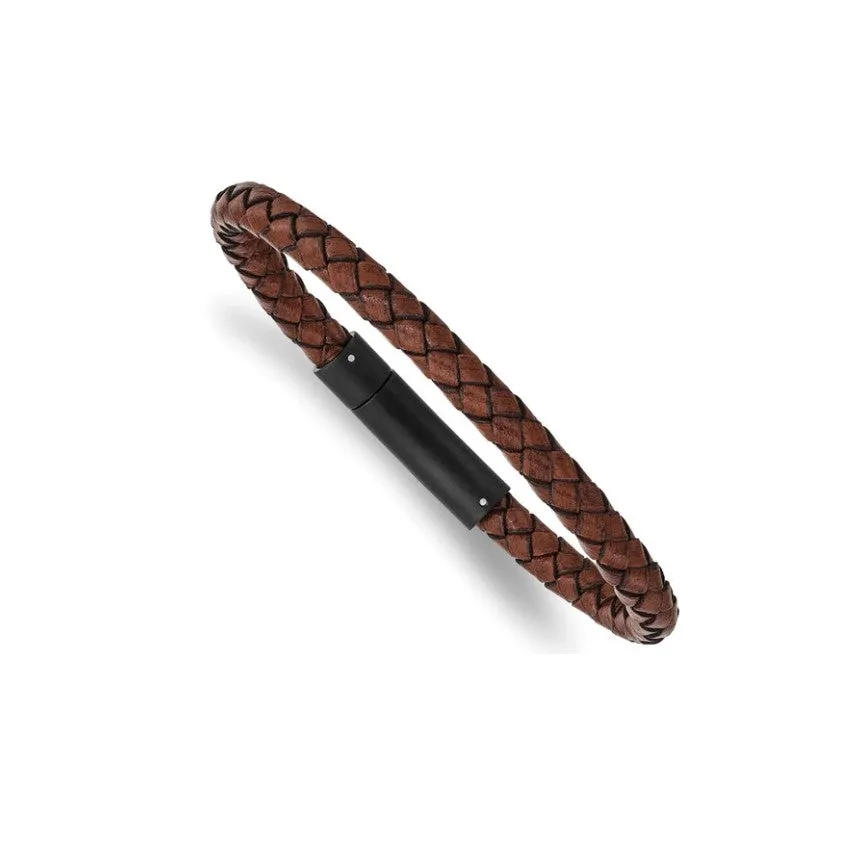Stainless Steel Polished Brown Woven Leather Bracelet