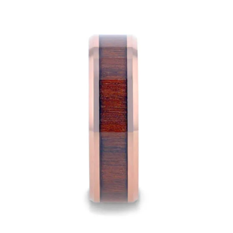 Thorsten DYLAN Rose Gold Plated Koa Wood Inlaid Tungsten Wedding Band With Beveled Polished Edges - 8mm