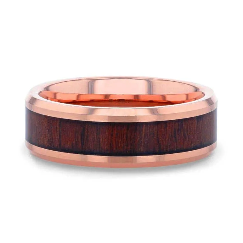 Thorsten DYLAN Rose Gold Plated Koa Wood Inlaid Tungsten Wedding Band With Beveled Polished Edges - 8mm