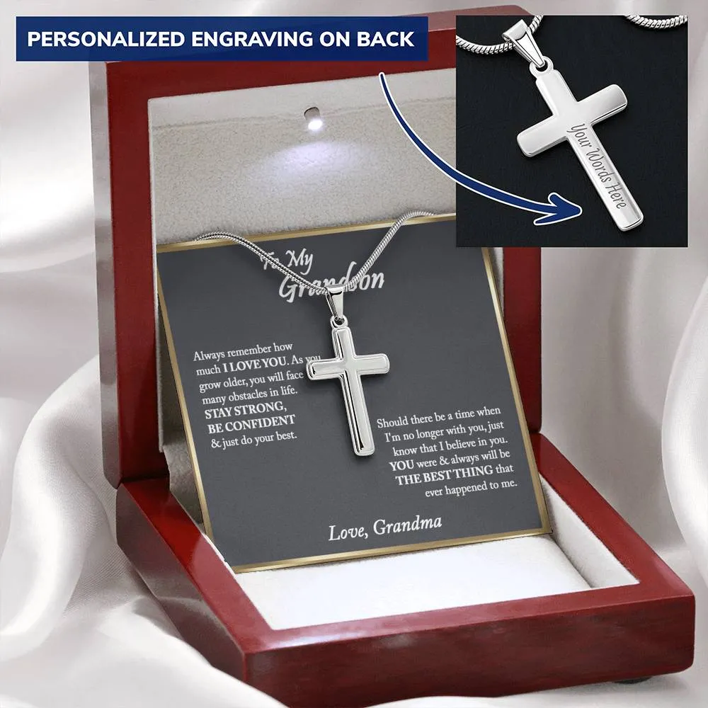 To My Grandson Cross Necklace, Gifts For Grandson From Grandma, Birthday Gift, Christmas Gift, Graduation Gift For Grandson, From Grandpa - Snake Chain