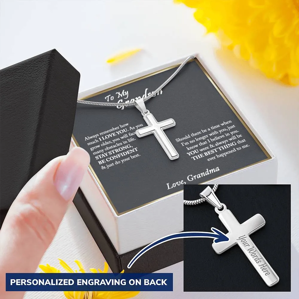 To My Grandson Cross Necklace, Gifts For Grandson From Grandma, Birthday Gift, Christmas Gift, Graduation Gift For Grandson, From Grandpa - Snake Chain