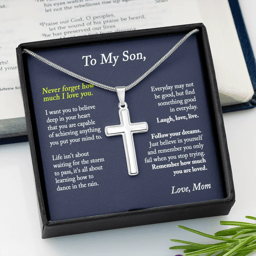 To My Son Cross Necklace, Son Gift from Mom, Son Birthday Gift, Christmas Gift for Son - Snake Chain