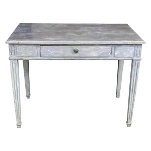 Vintage French Wood Desk with Hand-Painted Greige Finish and Fluted Legs