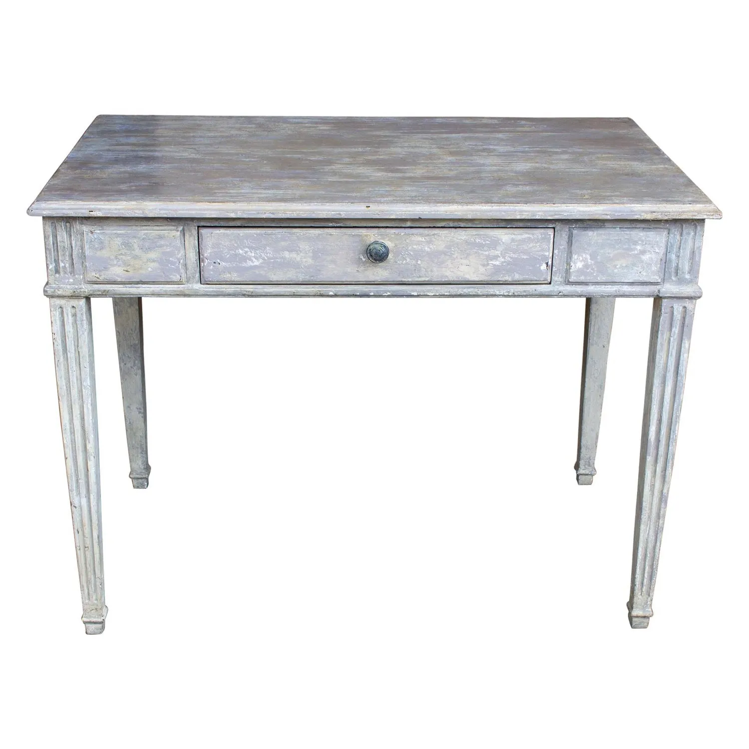 Vintage French Wood Desk with Hand-Painted Greige Finish and Fluted Legs