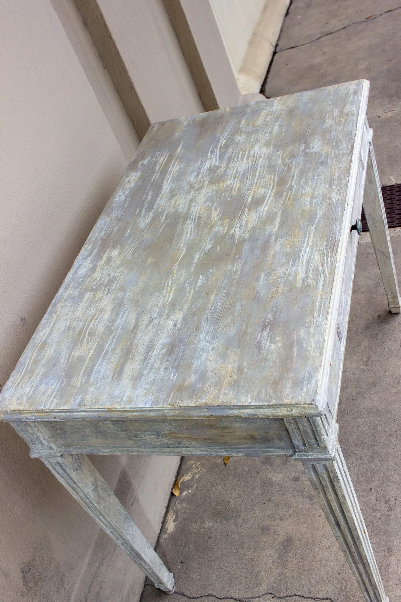 Vintage French Wood Desk with Hand-Painted Greige Finish and Fluted Legs
