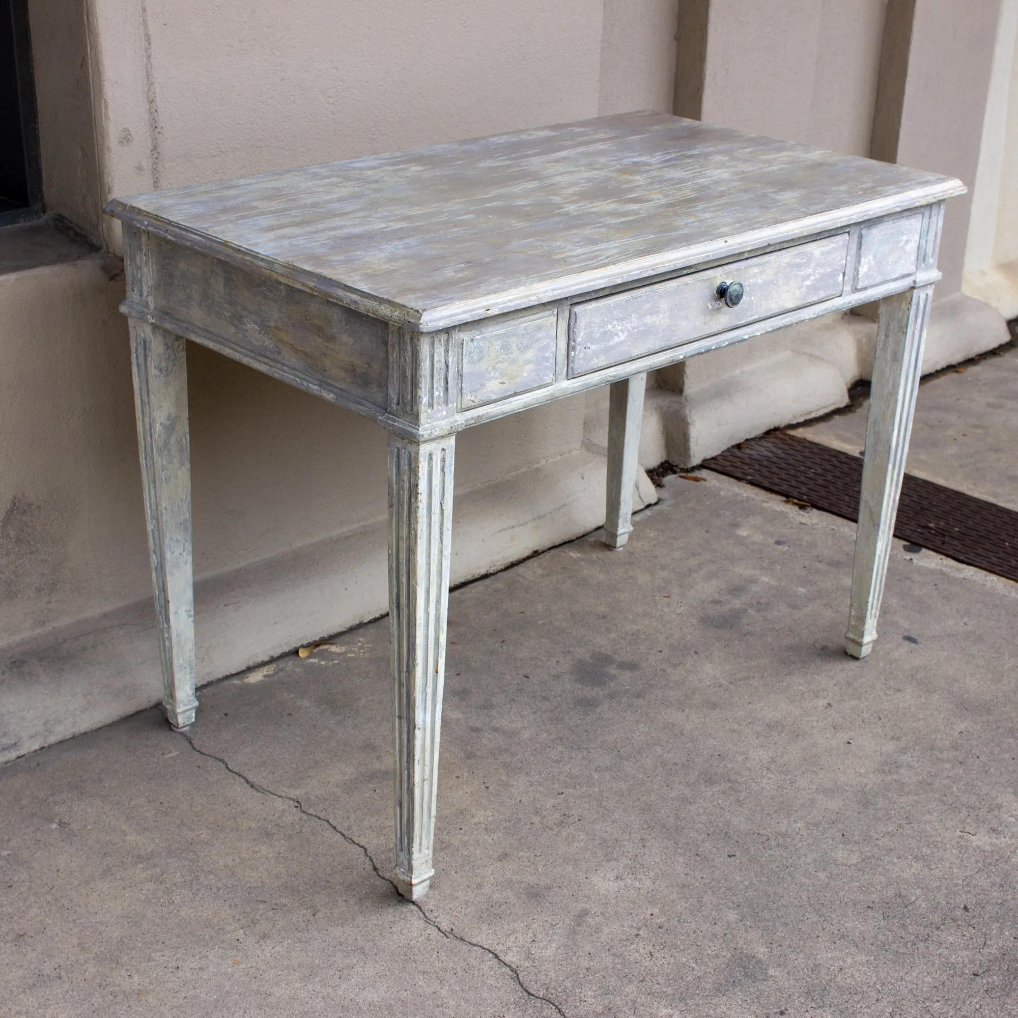 Vintage French Wood Desk with Hand-Painted Greige Finish and Fluted Legs