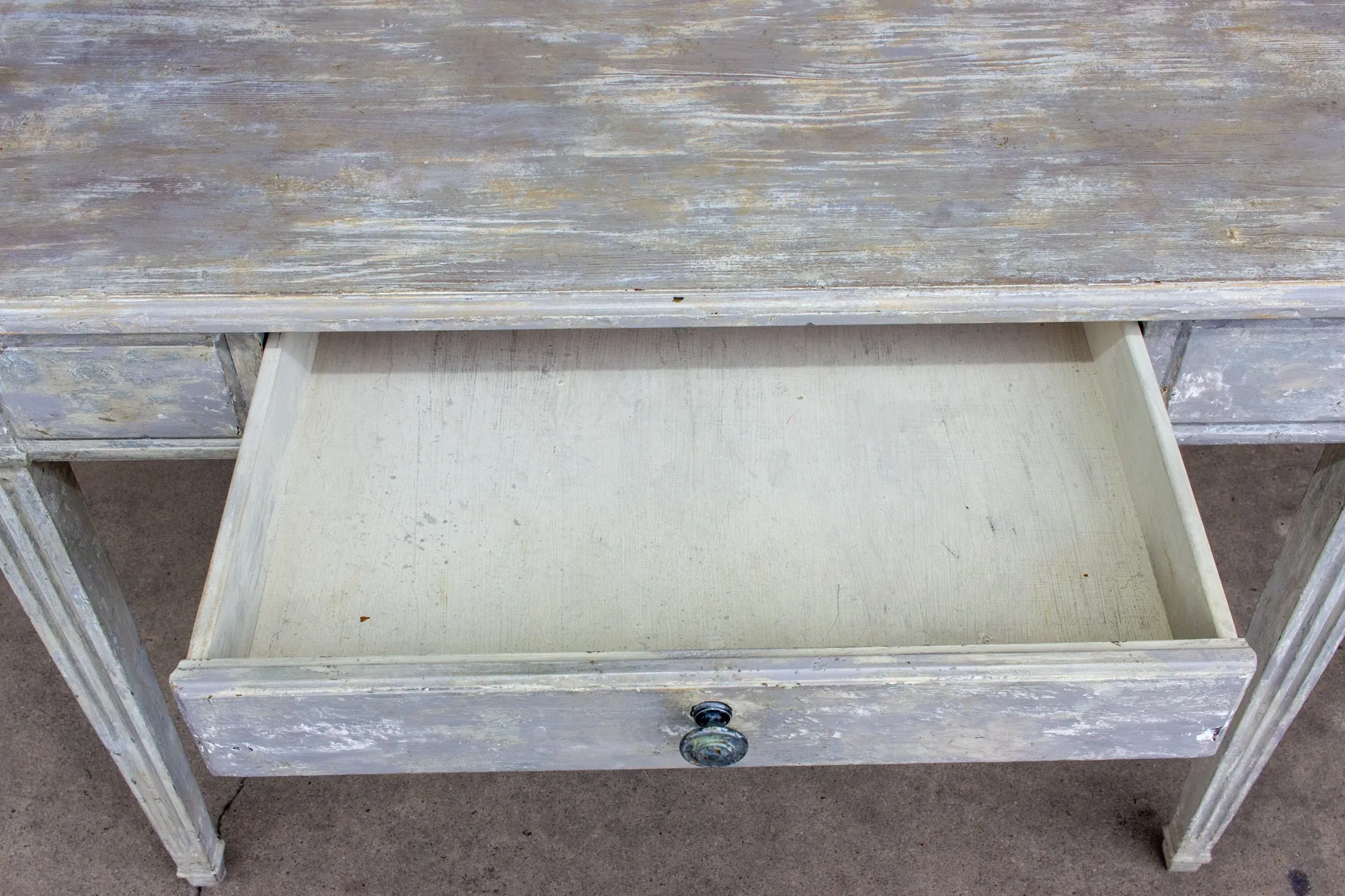Vintage French Wood Desk with Hand-Painted Greige Finish and Fluted Legs