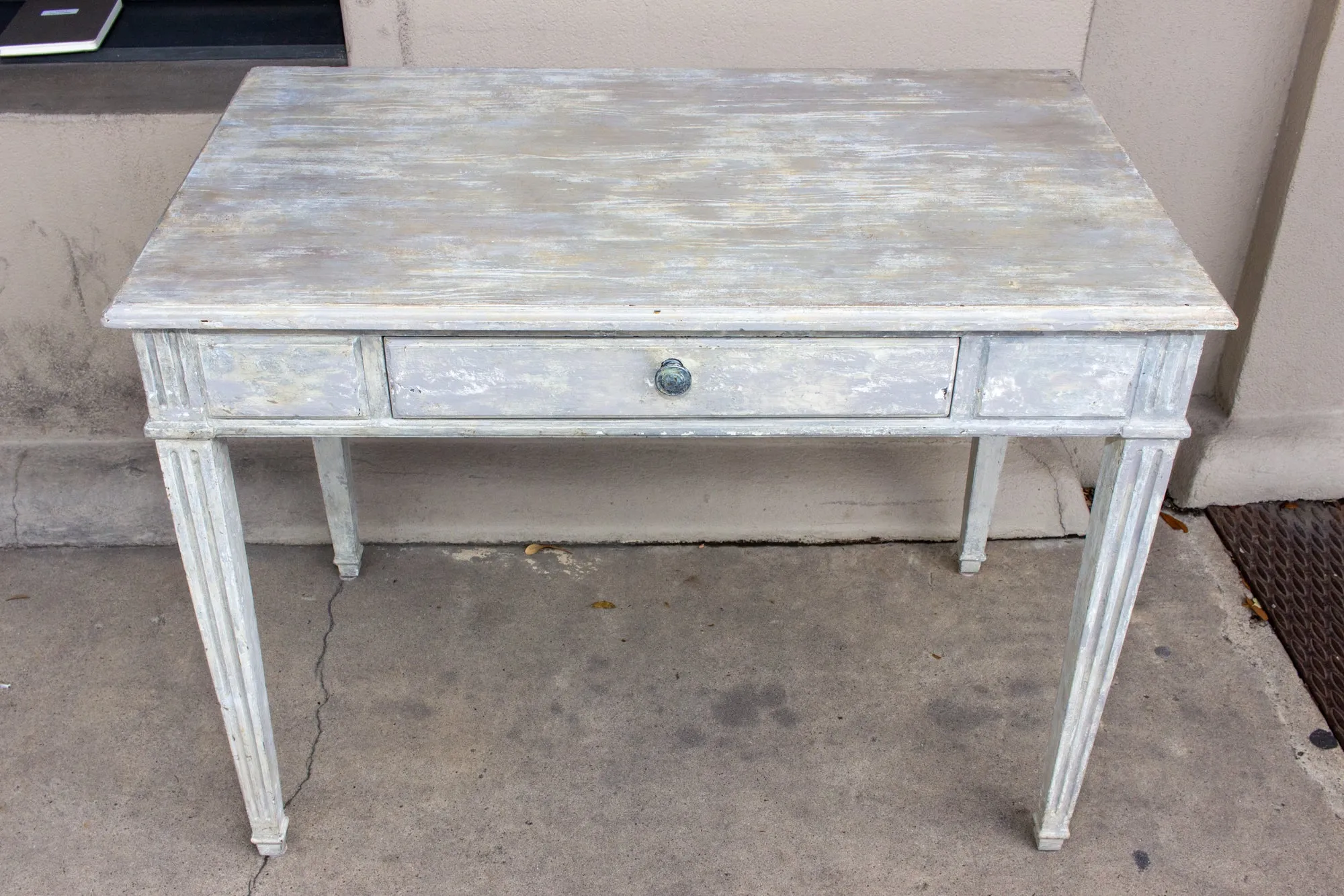 Vintage French Wood Desk with Hand-Painted Greige Finish and Fluted Legs