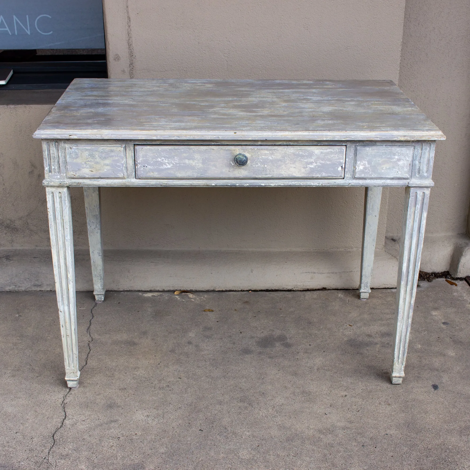 Vintage French Wood Desk with Hand-Painted Greige Finish and Fluted Legs