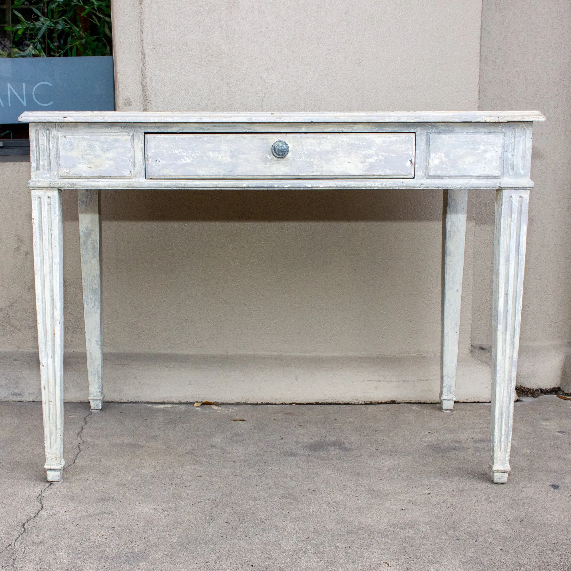 Vintage French Wood Desk with Hand-Painted Greige Finish and Fluted Legs