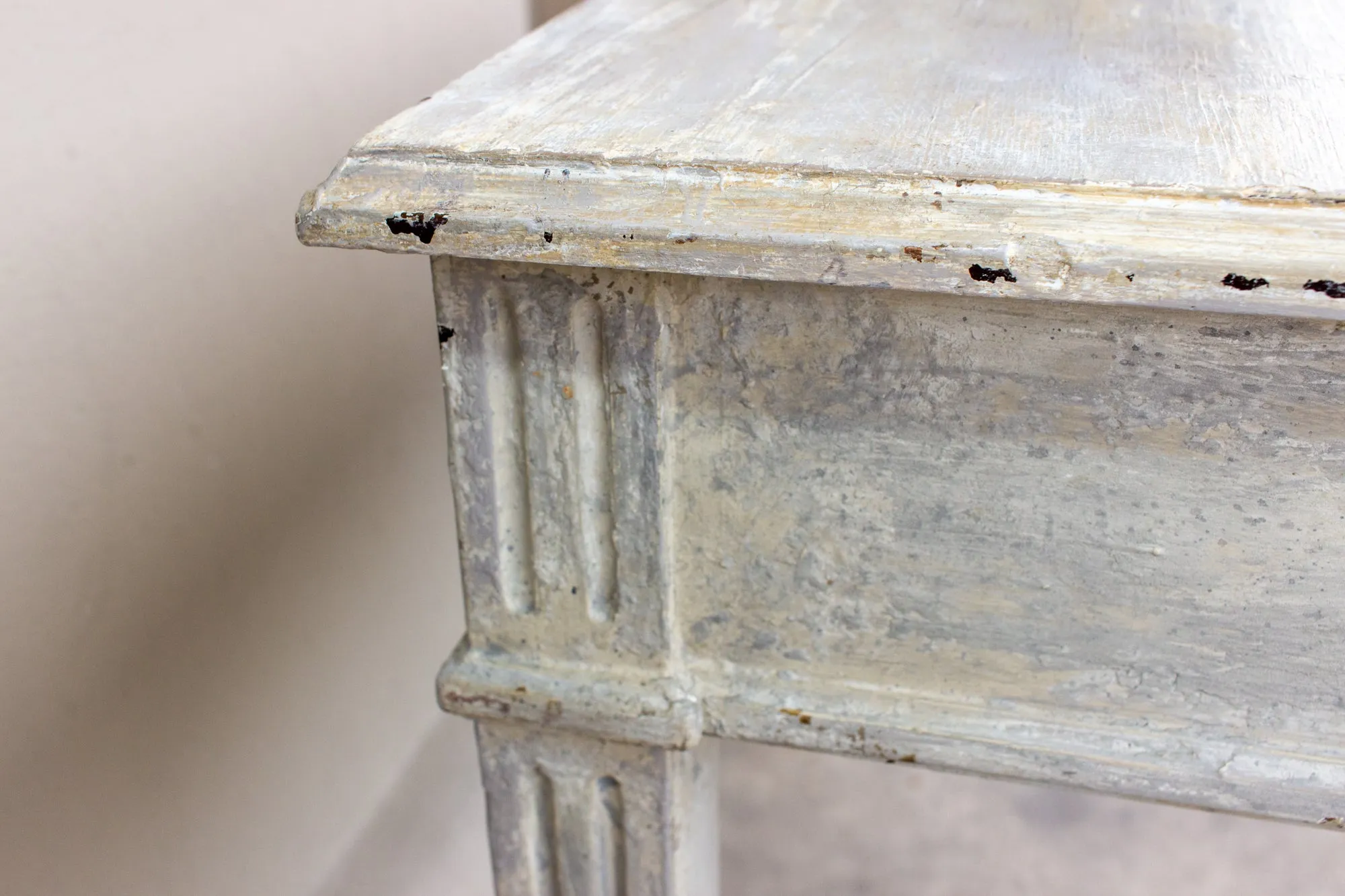 Vintage French Wood Desk with Hand-Painted Greige Finish and Fluted Legs