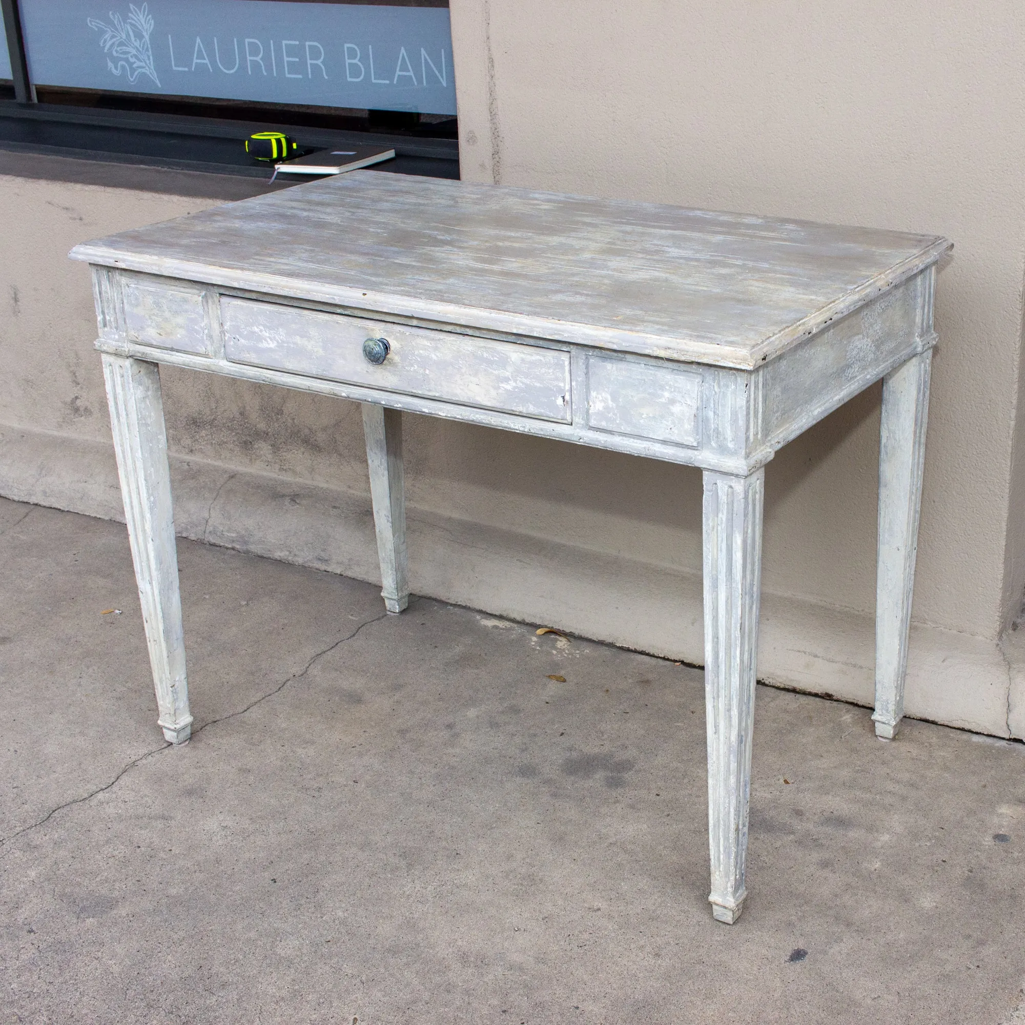 Vintage French Wood Desk with Hand-Painted Greige Finish and Fluted Legs