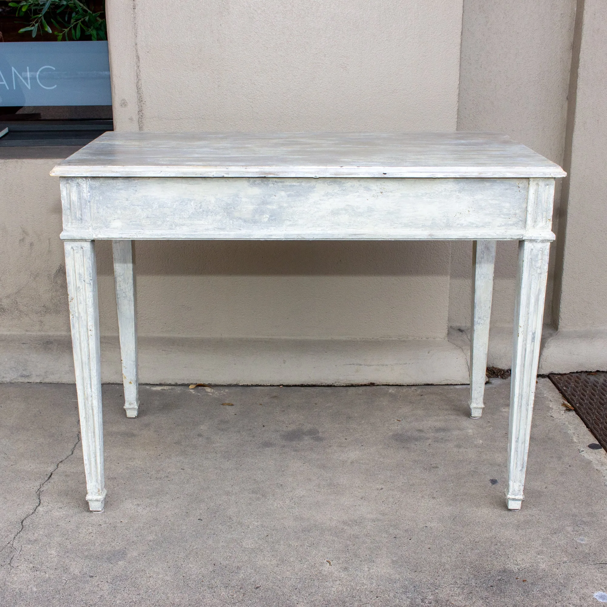 Vintage French Wood Desk with Hand-Painted Greige Finish and Fluted Legs
