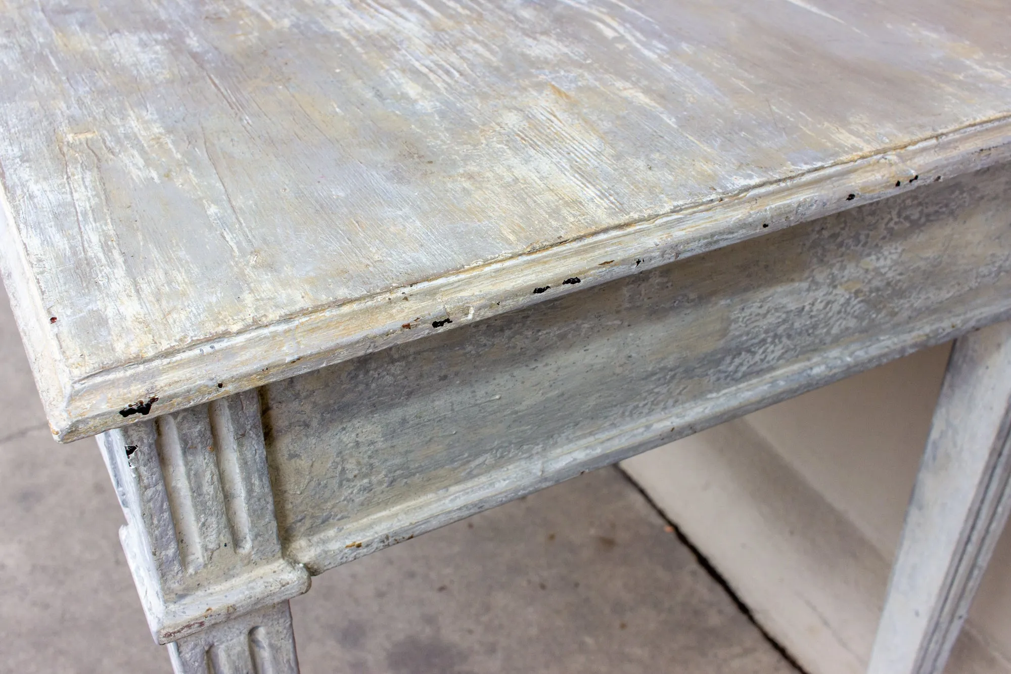 Vintage French Wood Desk with Hand-Painted Greige Finish and Fluted Legs