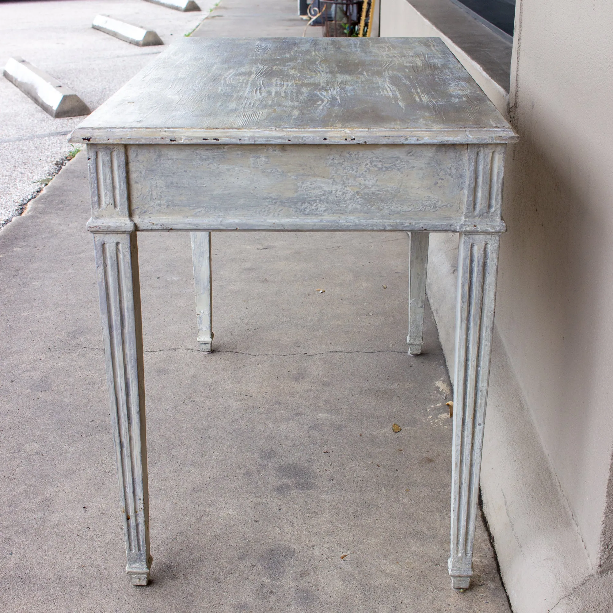 Vintage French Wood Desk with Hand-Painted Greige Finish and Fluted Legs