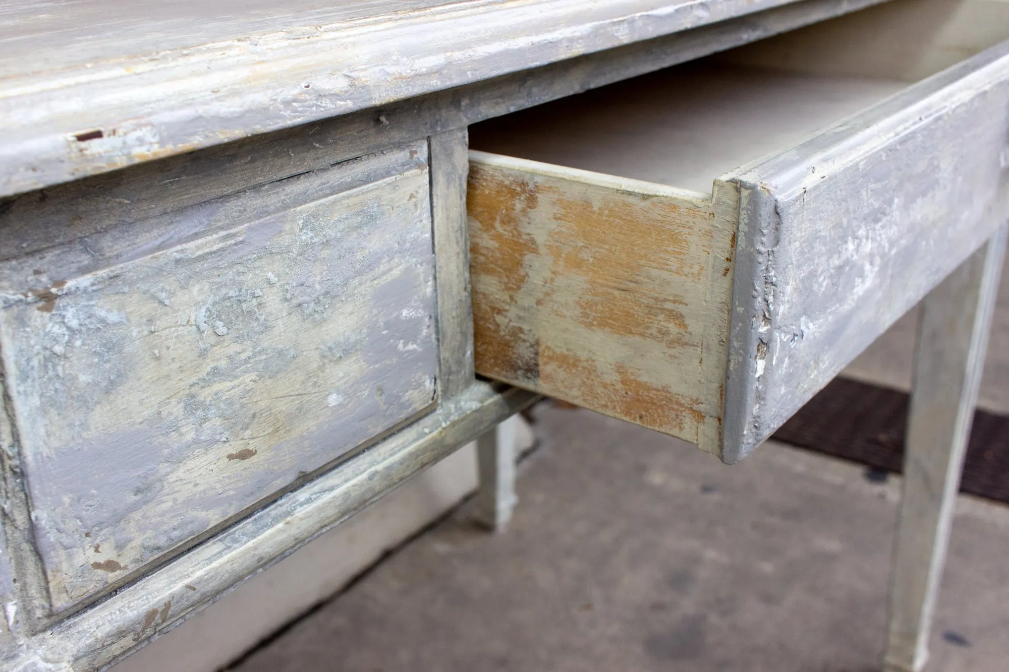 Vintage French Wood Desk with Hand-Painted Greige Finish and Fluted Legs