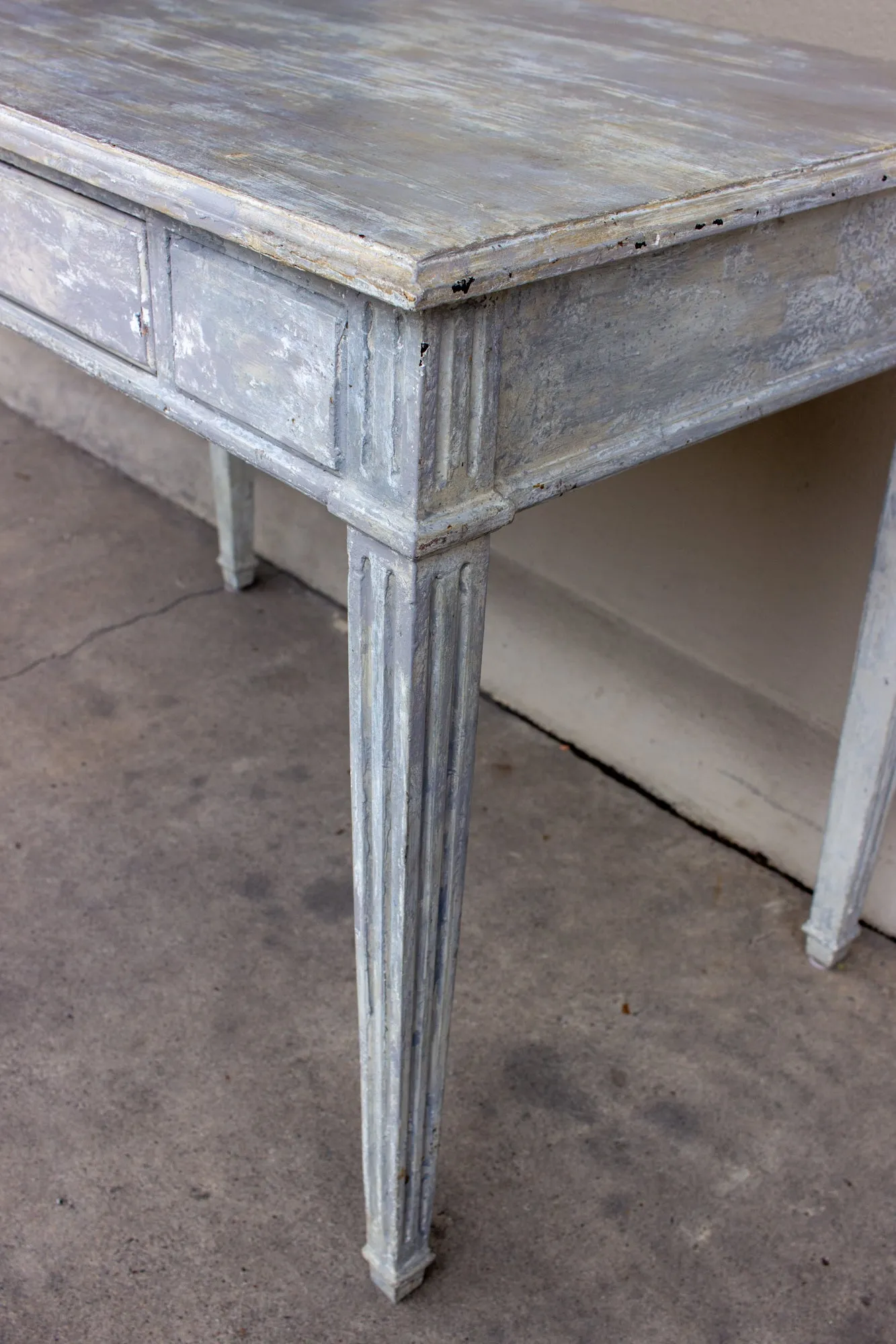 Vintage French Wood Desk with Hand-Painted Greige Finish and Fluted Legs