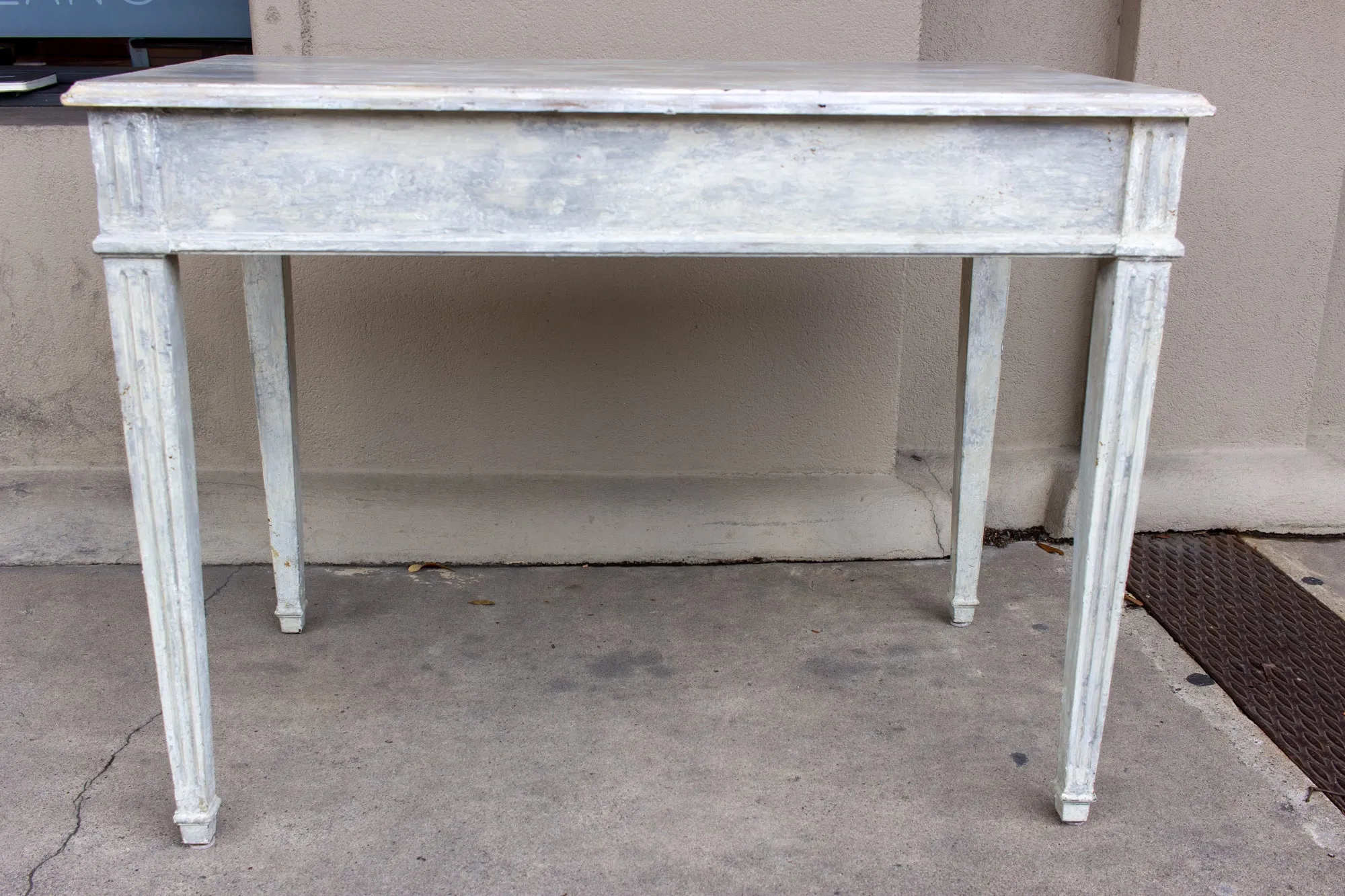 Vintage French Wood Desk with Hand-Painted Greige Finish and Fluted Legs