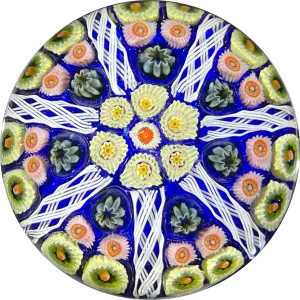 Vintage Strathearn Glass Art Paperweight Colorful Paneled Millefiori with Filligree on Blue Ground