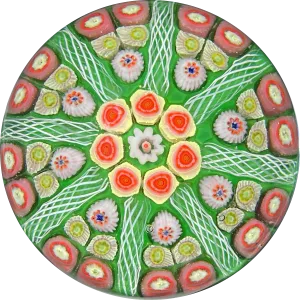 Vintage Strathearn Glass Art Paperweight Colorful Paneled Millefiori with  Filligree on Green Ground