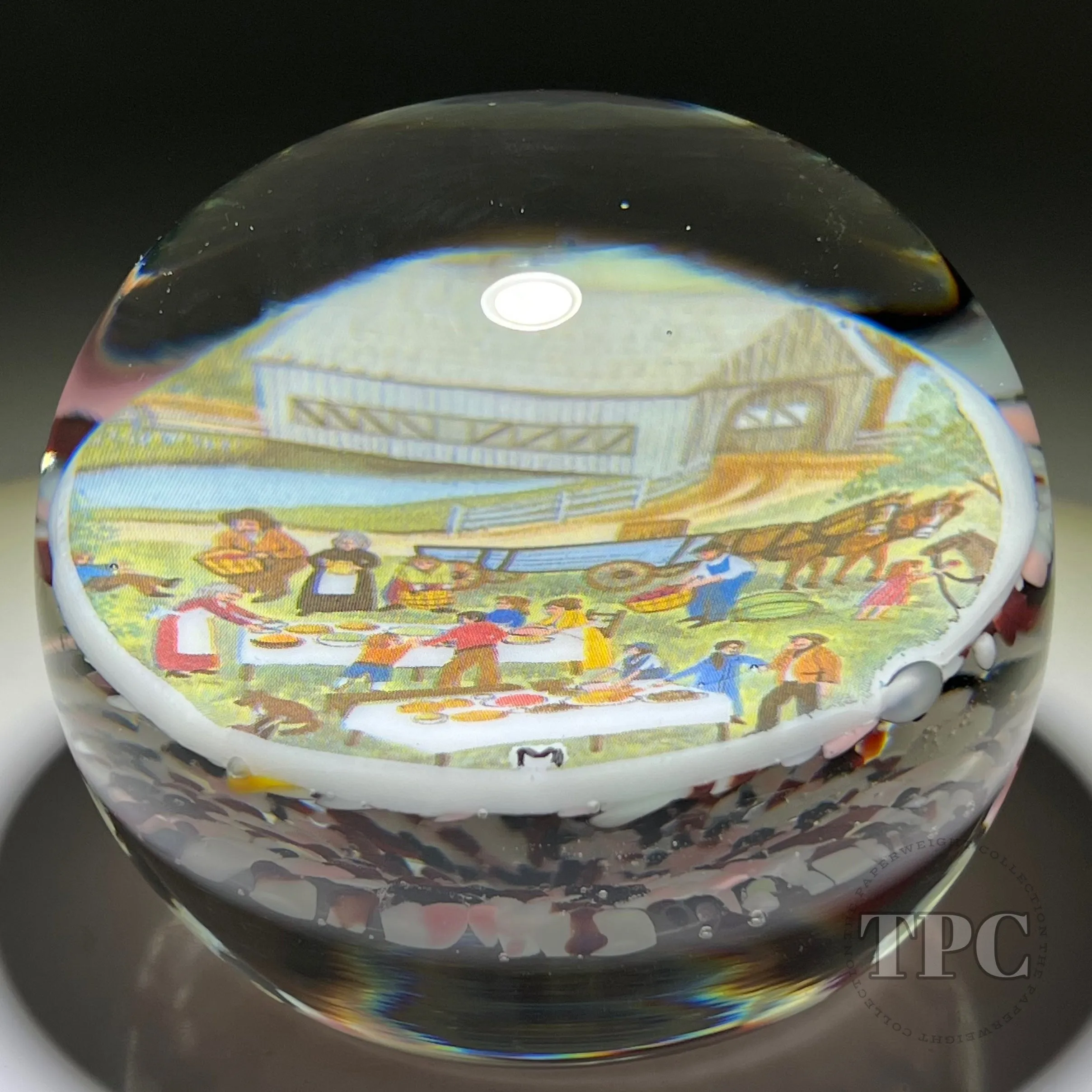 Vintage Thomas Mosser Art Glass Paperweight Ceramic Slip Transfer Thanksgiving Gathering