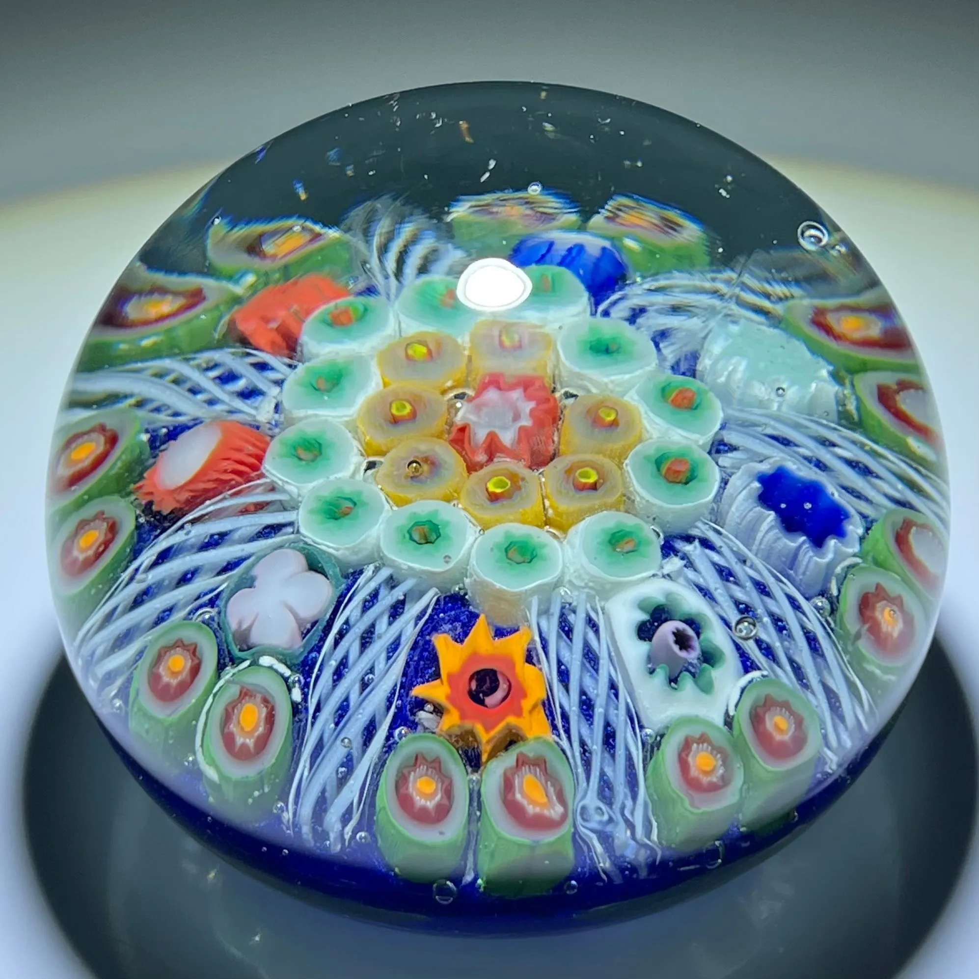 Vintage Vasart Glass Art Paperweight Radial Millefiori with White Filigree Panels on Opaque Blue