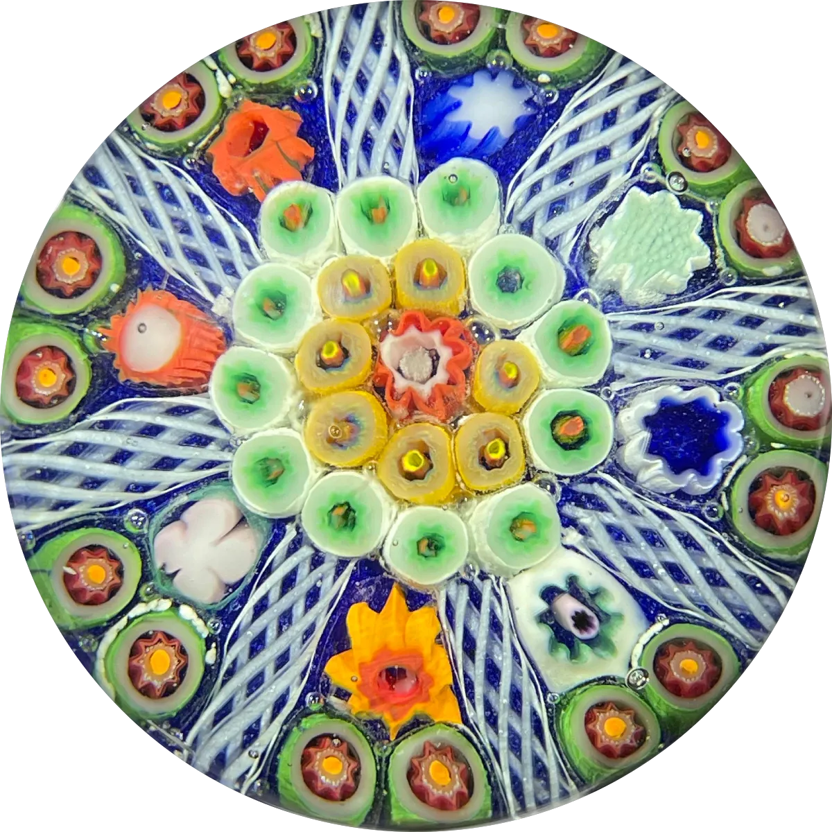 Vintage Vasart Glass Art Paperweight Radial Millefiori with White Filigree Panels on Opaque Blue