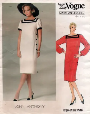 Vogue American Designer 1386 JOHN ANTHONY Side Buttoned Dress 1980s Vintage Sewing Pattern Size 10 or 12