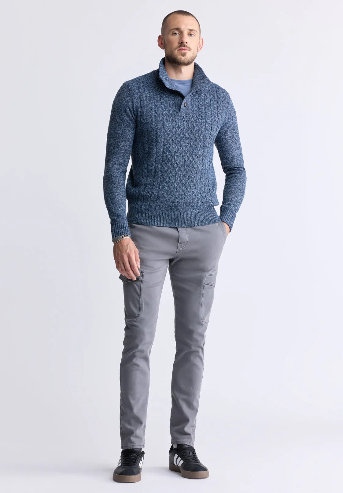 Watcher Men's Cable Knit Henley Sweater, Navy - BPM14163