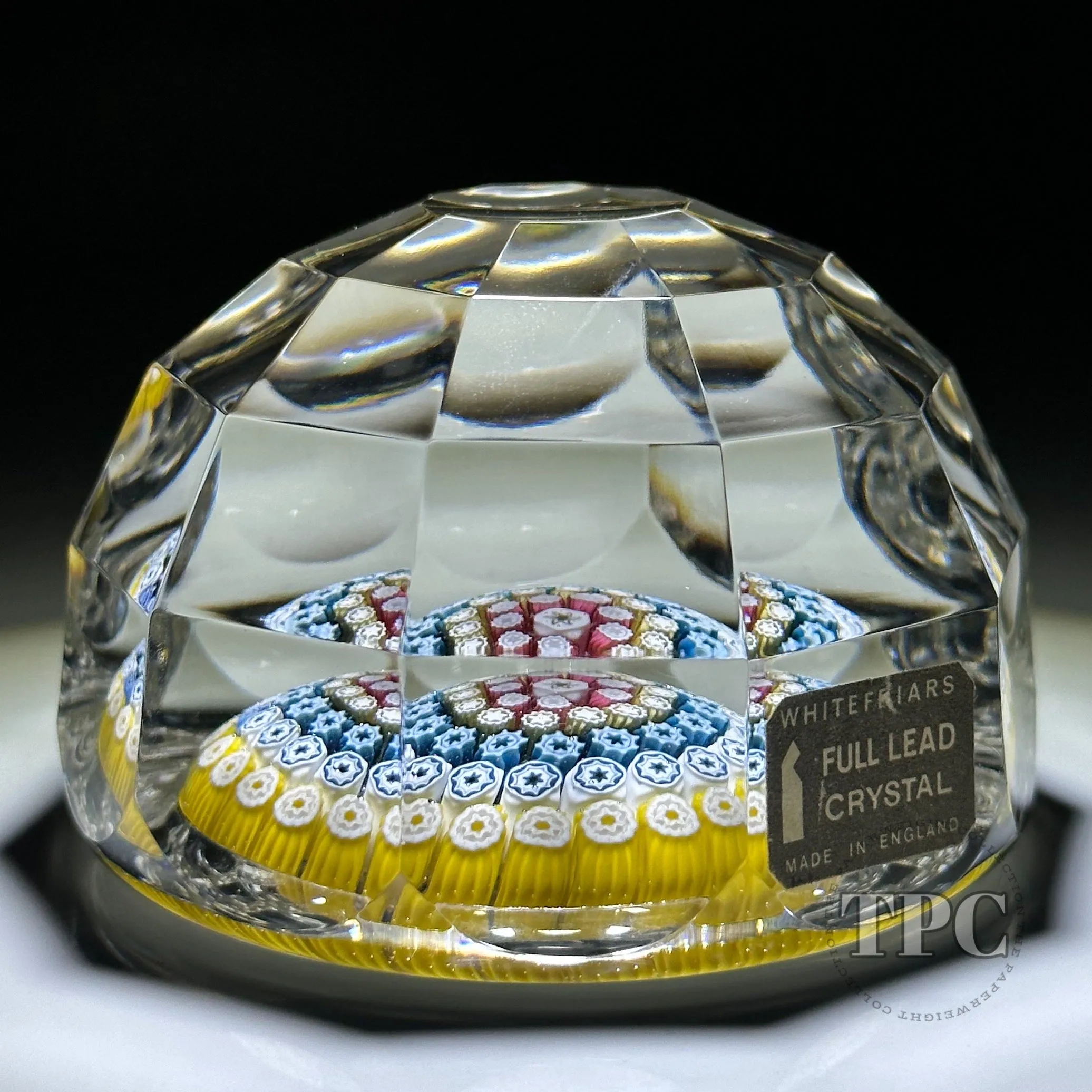 Whitefriars 1976 Brick Faceted Glass Art Paperweight with Colorful Concentric Millefiori