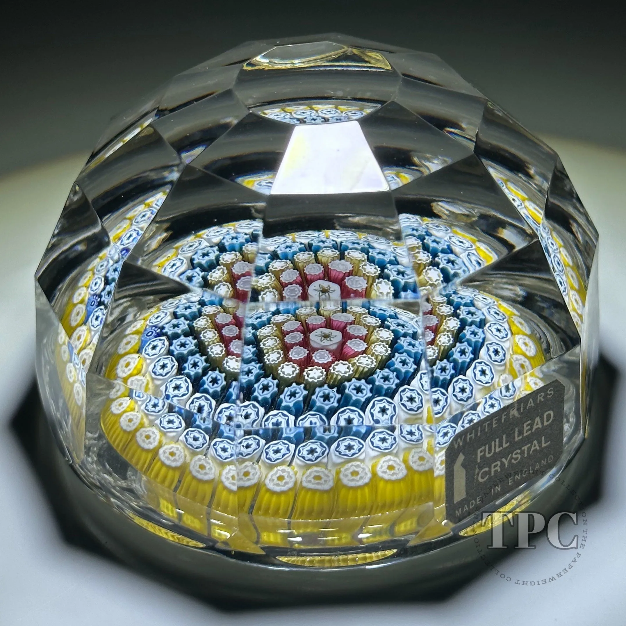 Whitefriars 1976 Brick Faceted Glass Art Paperweight with Colorful Concentric Millefiori