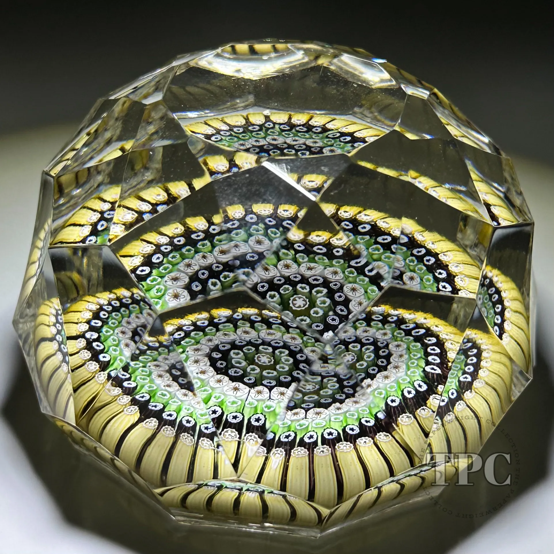 Whitefriars Fancy Faceted Glass Art Paperweight with Colorful Concentric Millefiori