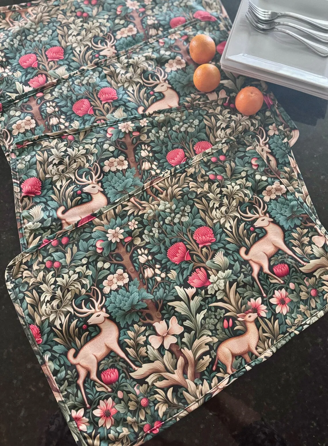 William Morris Inspired Deer Placemat Beautiful woodland scene with autumn flowers & deer CUSTOM American Cotton Holiday Thanksgiving