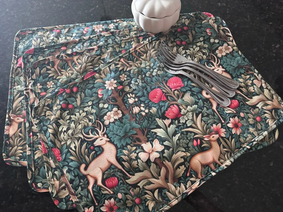 William Morris Inspired Deer Placemat Beautiful woodland scene with autumn flowers & deer CUSTOM American Cotton Holiday Thanksgiving