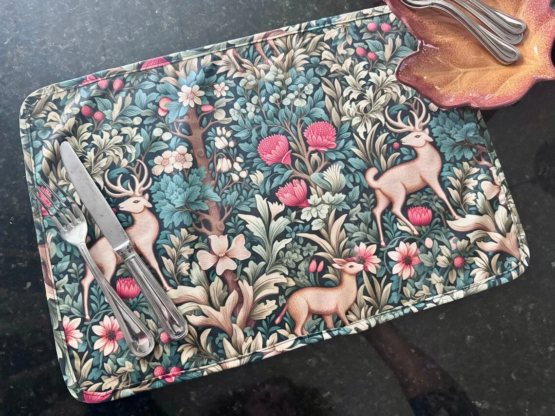 William Morris Inspired Deer Placemat Beautiful woodland scene with autumn flowers & deer CUSTOM American Cotton Holiday Thanksgiving
