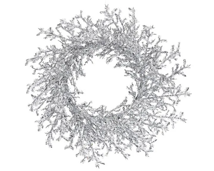 Winter-themed wreath covered with ice
