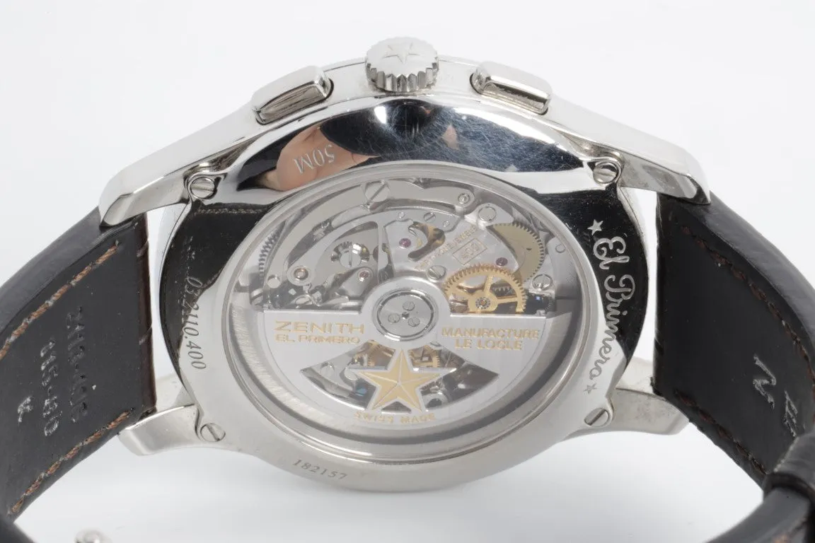 Zenith El Primero Chronograph 42mm Steel Leather Automatic Men's Watch   BOX