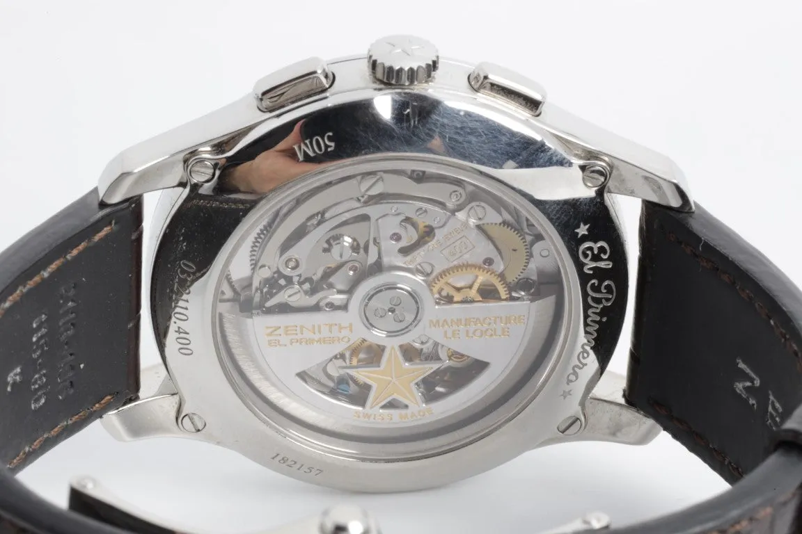Zenith El Primero Chronograph 42mm Steel Leather Automatic Men's Watch   BOX