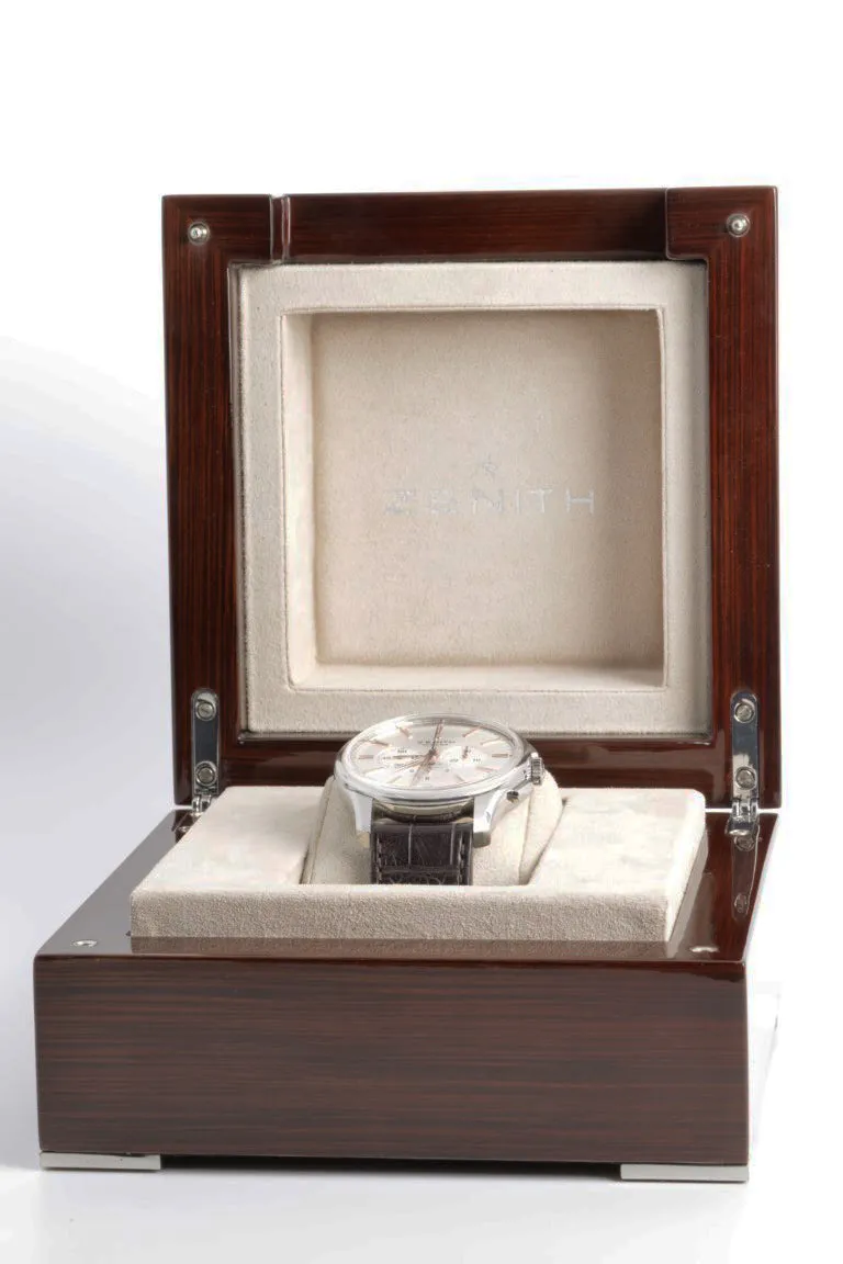 Zenith El Primero Chronograph 42mm Steel Leather Automatic Men's Watch   BOX